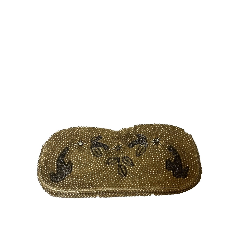 Vintage Made in Japan Beaded Clutch Faux Pearl Floral Evening Bag Cream Silver